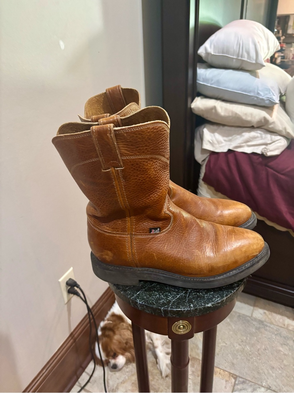 Justin Boots Brown Leather Pull-On Western Boots - Picture 2 of 6